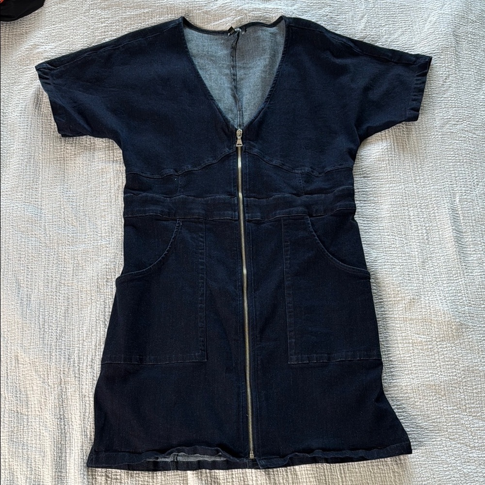 Dark Blue Zip-Front Denim Dress